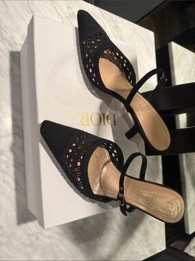 Dior Black Pointed Cutout Slingback Heels
